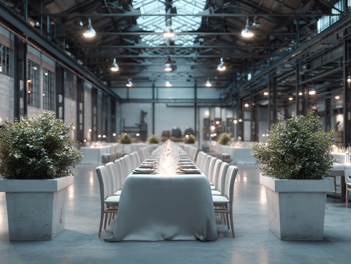 Tavola per un evento in un ambiente industriale con struttura metallica